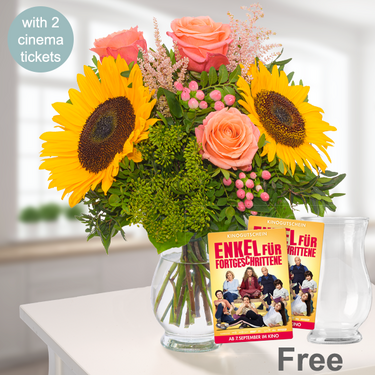 freshly tied Flower Bouquet Sonnengrüße with 2 Cinema Tickets & vase