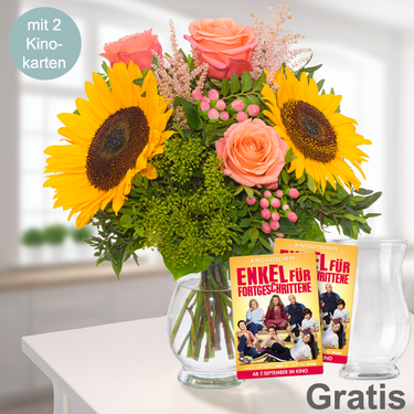 frisch gebunden Blumenstrauß Sonnengrüße mit 2 Kinokarten & Vase