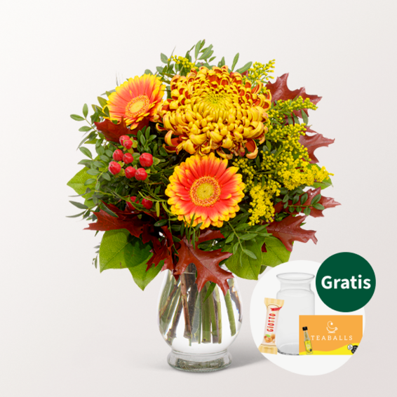 Blumenstrauß Herbstsymphonie mit Vase & Teaballs & Ferrero Giotto 3er