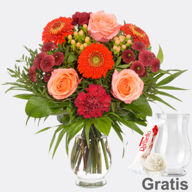 Blumenstrauß Herbsttanz mit Vase & Ferrero Raffaello