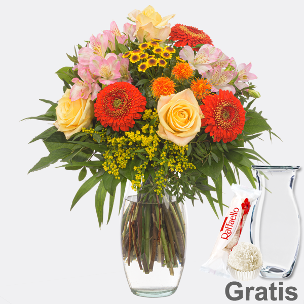 Blumenstrauß Herbststrahlen mit Vase & Ferrero Raffaello