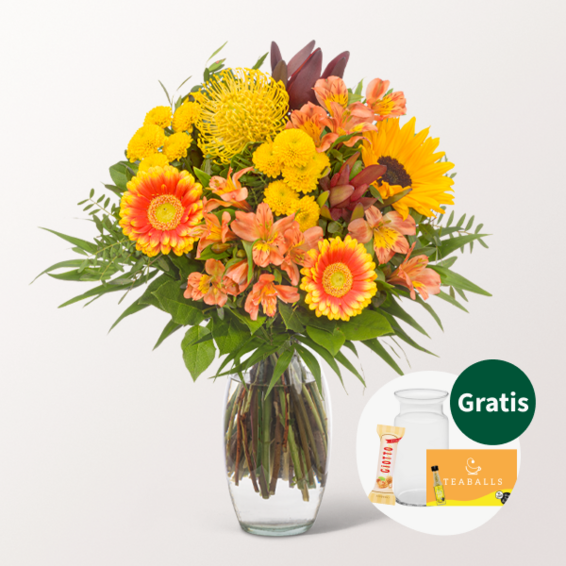 Blumenstrauß Sonnenbad mit Vase & Teaballs & Ferrero Giotto 3er