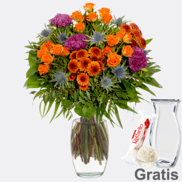 Blumenstrauß Goldener Herbst mit Vase & Ferrero Raffaello