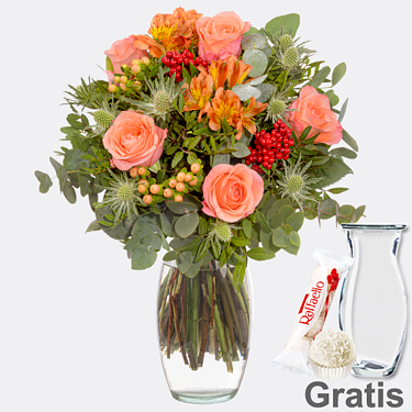 Blumenstrauß Herbsterwachen mit Vase & Ferrero Raffaello