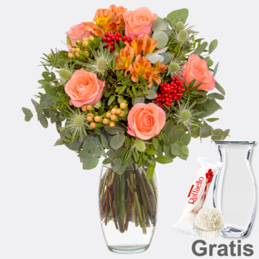 Blumenstrauß Herbsterwachen mit Vase & Ferrero Raffaello