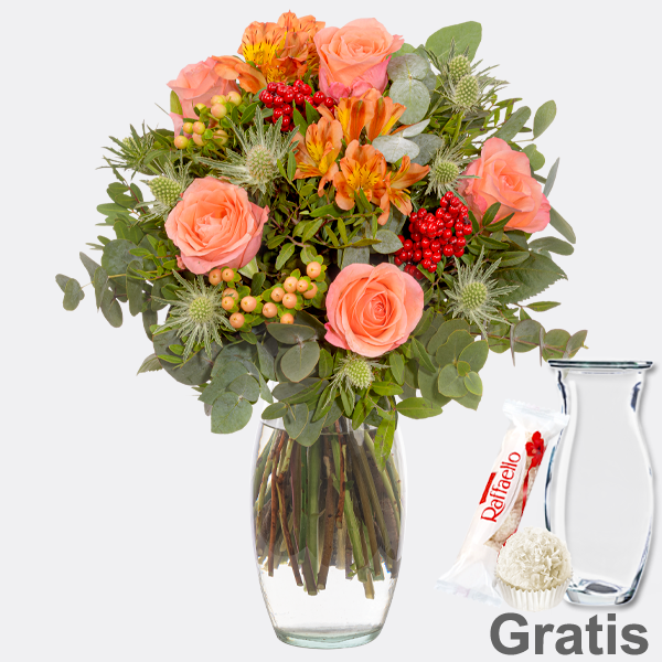 Blumenstrauß Herbsterwachen mit Vase & Ferrero Raffaello