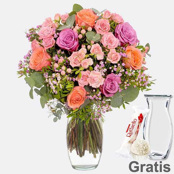 Blumenstrauß Blütenfreude mit Vase & Ferrero Raffaello