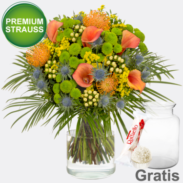 Premiumstrauß Traumhaft mit Premiumvase & Ferrero Raffaello