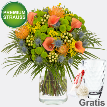 Premiumstrauß Traumhaft mit Premiumvase & Ferrero Raffaello