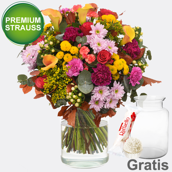 Premiumstrauß Herbstfreude mit Premiumvase & Ferrero Raffaello