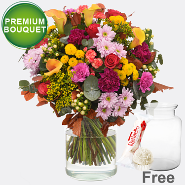 Premium Bouquet Herbstfreude with premium vase & Ferrero Raffaello