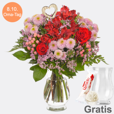 frisch gebunden Herbststrauß für Oma mit Vase & Ferrero Raffaello