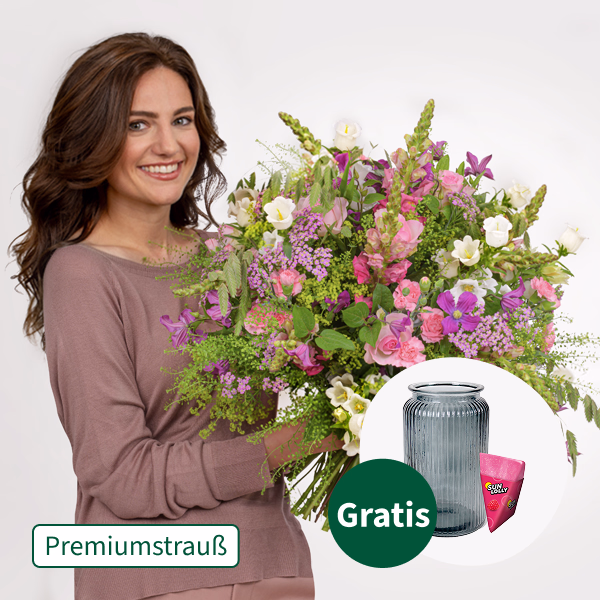 Premiumstrauß Helena mit Premiumvase & SunLolly Himbeere