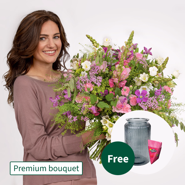 Premium Bouquet Helena with Premium Vase & SunLolly Raspberry