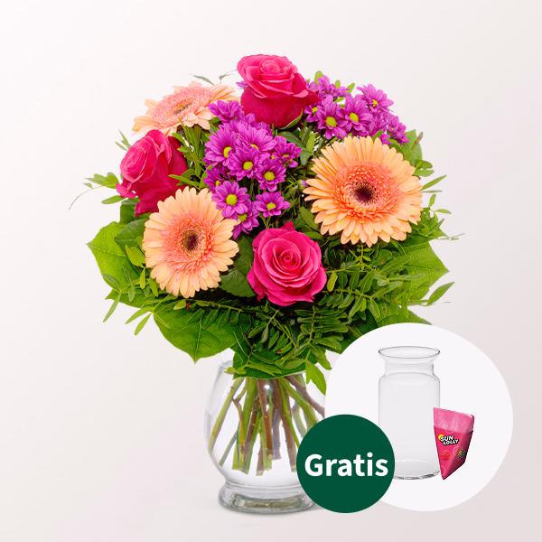 Blumenstrauß Sommerliebe mit SunLolly Himbeere & Vase