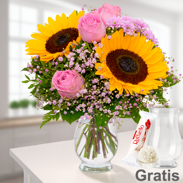 Blumenstrauß Freude mit Vase & Ferrero Raffaello