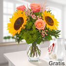 Blumenstrauß Sonnengrüße mit Vase & Ferrero Raffaello