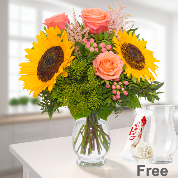 Flower Bouquet Sonnengrüße with vase & Ferrero Raffaello