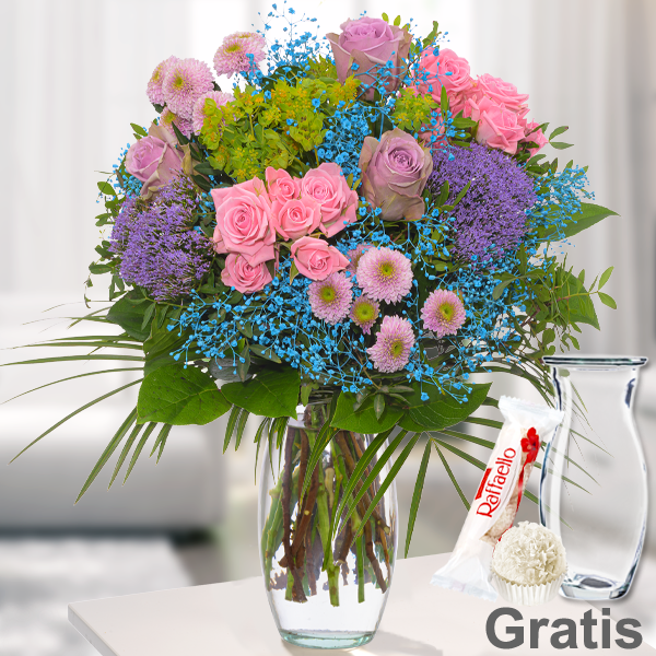 Blumenstrauß Blütenmelodie mit Vase & Ferrero Raffaello