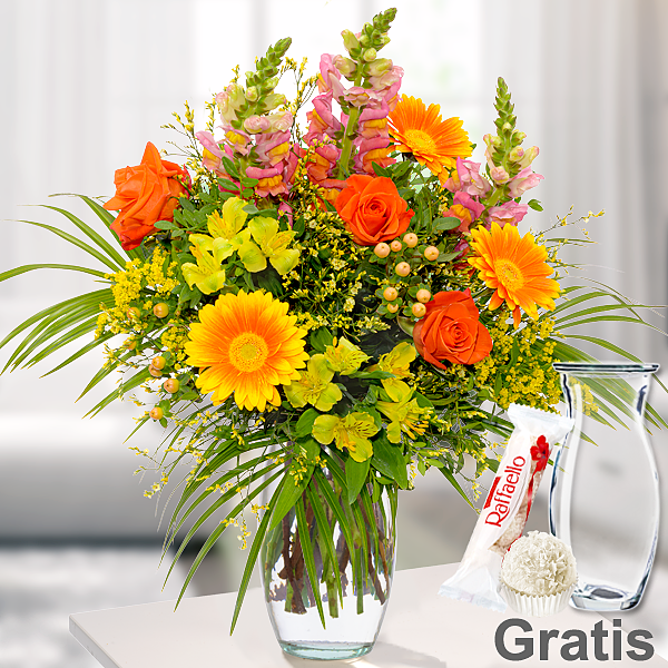 Blumenstrauß Sonnentag mit Vase & Ferrero Raffaello