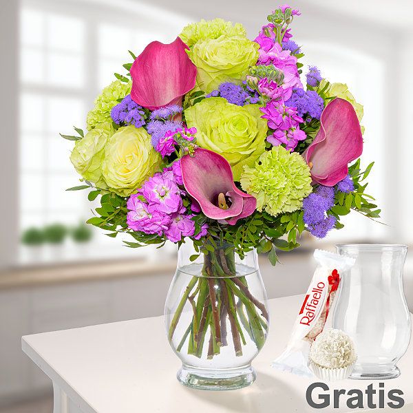 Blumenstrauß Farbenfroh mit Vase & Ferrero Raffaello