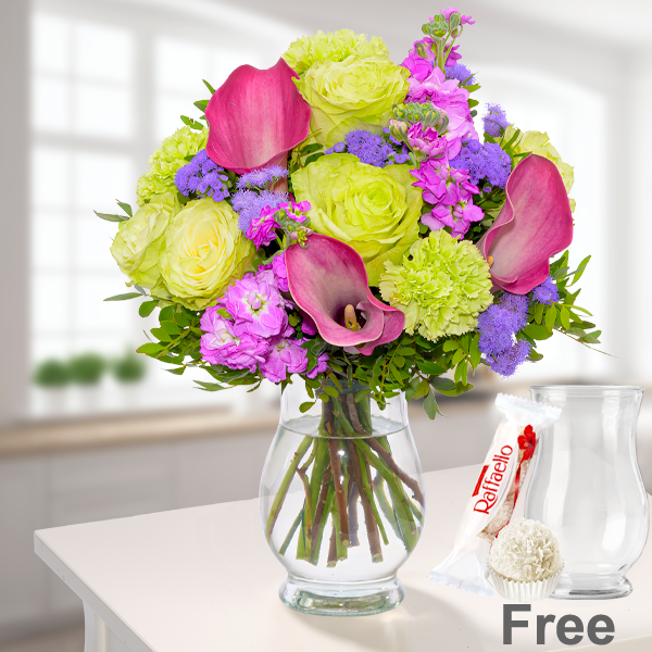 Flower Bouquet Farbenfroh with vase & Ferrero Raffaello