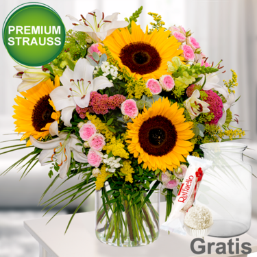 frisch gebunden Premiumstrauß Sommerschönheit mit Premiumvase & Ferrero Raffaello