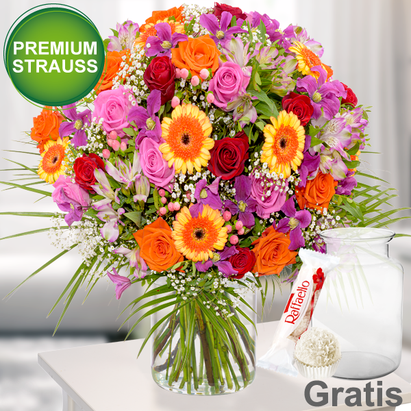 Premiumstrauß Sommertag mit Premiumvase & Ferrero Raffaello