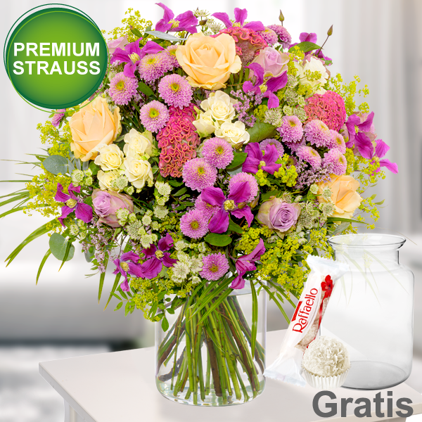 Premiumstrauß Blumensymphonie mit Premiumvase & Ferrero Raffaello
