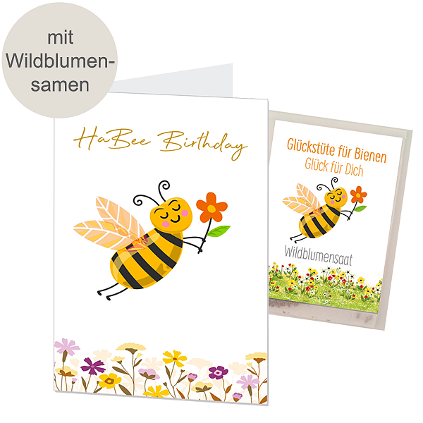 Motivkarte "HaBee Birthday" mit 1 Portion Wildblumen-Samen für Bienen