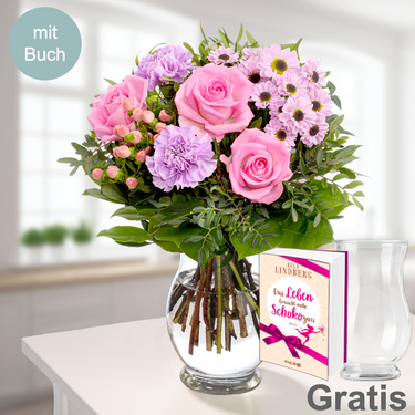frisch gebunden Blumenstrauß Freude mit Buch & Vase