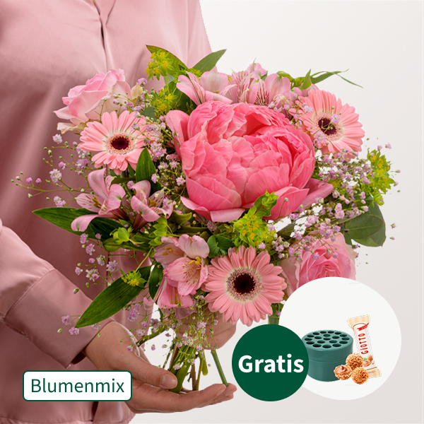 Blumenmix Zarter Gruß mit Stielhalter & Ferrero Giotto 3er