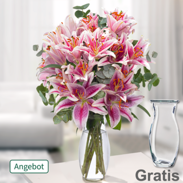 frisch gebunden 5 Lilien rosa mit 3 Eukalyptus im Bund mit Vase