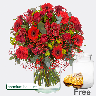 Premium Bouquet Frühlingsgruß with premium vase & 2 Ferrero Rocher