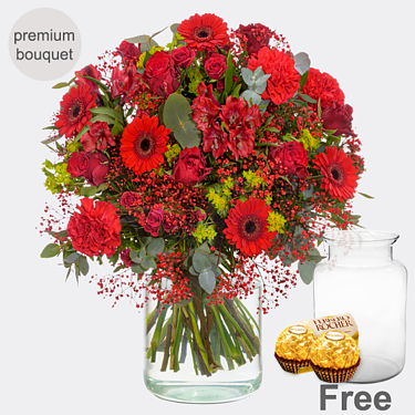 Premium Bouquet Frühlingsgruß with premium vase & 2 Ferrero Rocher