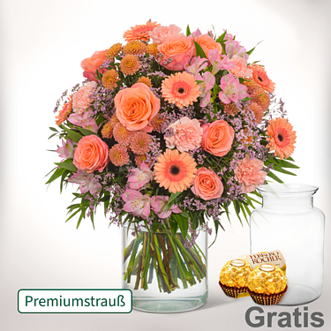 Premiumstrauß Blütenliebe mit Premiumvase & 2 Ferrero Rocher
