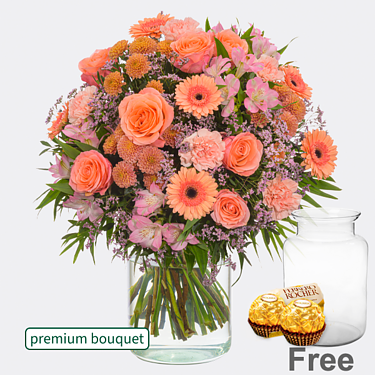 Premium Bouquet Blütenliebe with premium vase & 2 Ferrero Rocher