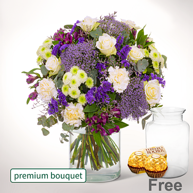 Premium Bouquet Frühlingsglück with premium vase & 2 Ferrero Rocher