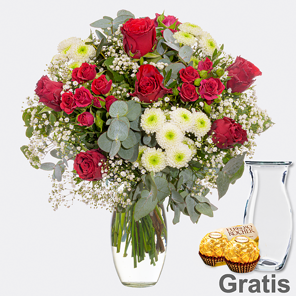 Blumenstrauß Herzensgruß mit Vase & 2 Ferrero Rocher