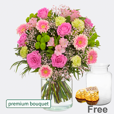 Premium Bouquet Liebesglück with premium vase & 2 Ferrero Rocher