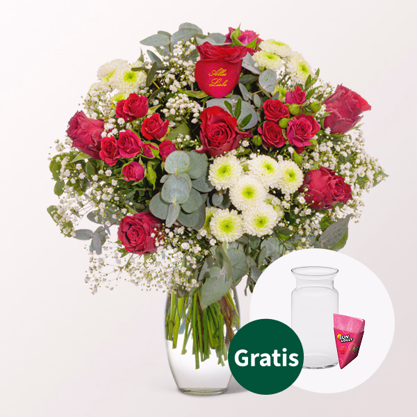 Blumenstrauß „Alles Liebe“ mit SunLolly Himbeere & Vase