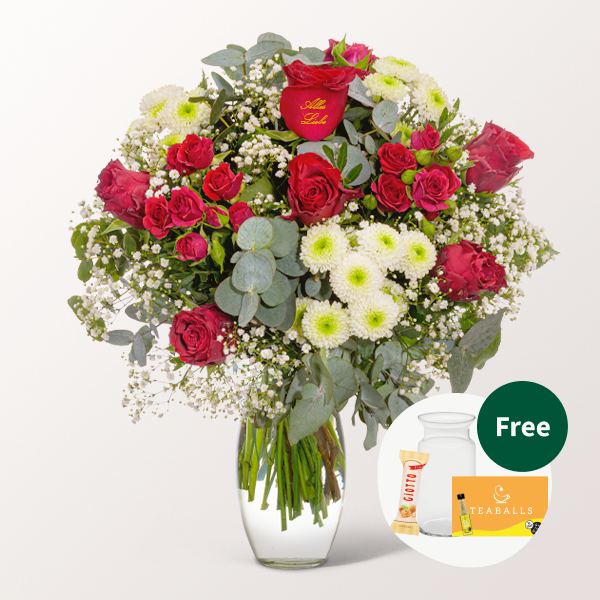 Flower Bouquet „Alles Liebe“ with vase & 3 Ferrero Giotto & Teaballs