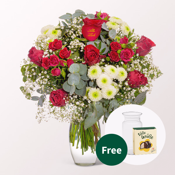 Flower Bouquet „Alles Liebe“ with Halloren Balls & vase