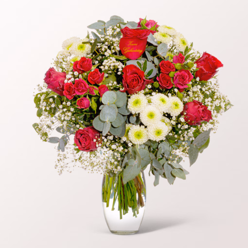 Blumenstrauß „Zum Geburtstag“ mit Vase & Ferrero Giotto 3er