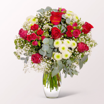 Blumenstrauß „Zum Geburtstag“ mit SunLolly Himbeere & Vase