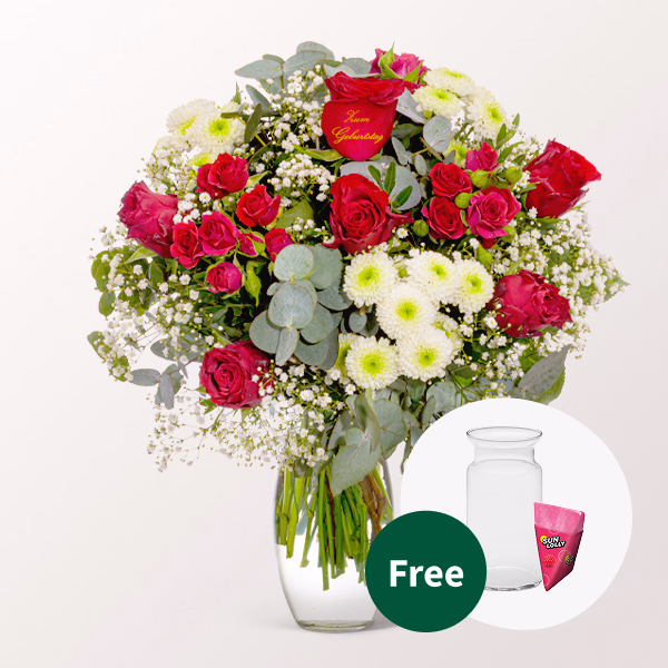 Flower Bouquet „Zum Geburtstag“ with SunLolly Raspberry & vase