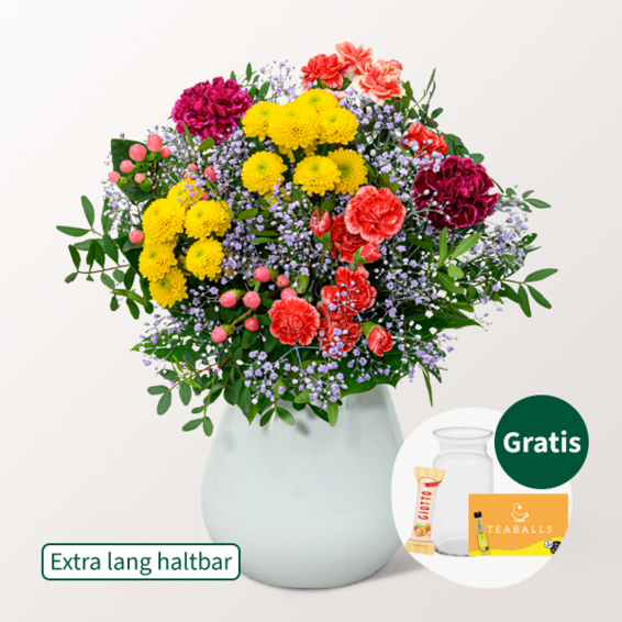 Blumenstrauß Blütenfreude mit Vase & Teaballs & Ferrero Giotto 3er