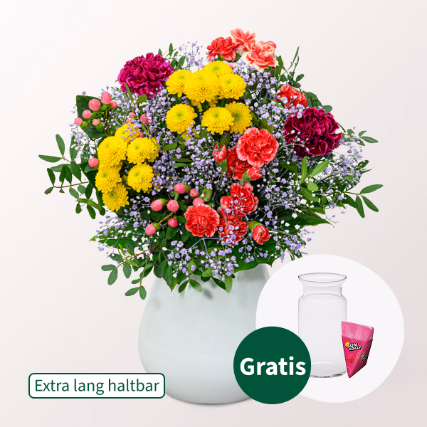 Blumenstrauß Blütenfreude mit SunLolly Himbeere & Vase