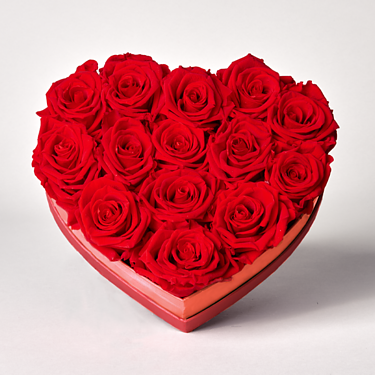 14 long-lasting red roses in a heart-shaped box