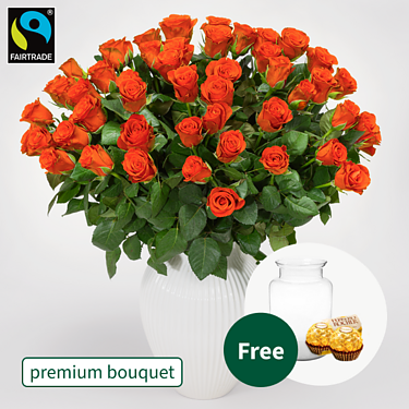 50 orange Fairtrade premium roses in a bunch with premium vase & 2 Ferrero Rocher